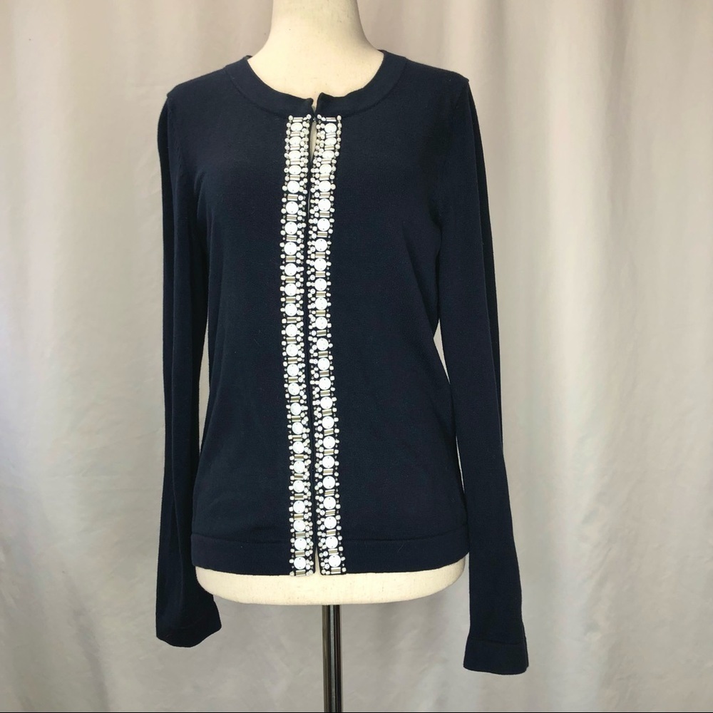 Banana Republic beaded front cardigan hook and eye closure dark navy 100% cotton